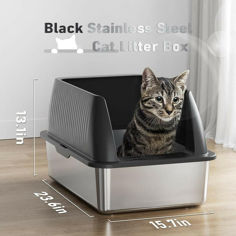 Petterm Stainless Steel Cat Litter Box with Scoop & Mat, Large Semi or Fully Enclosed Design, High-Side Enclosure, Non-Sticky, Anti-Leak, High-Walled