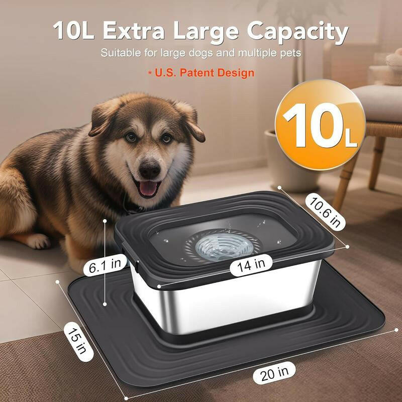 10L Stainless Steel Dog Water Bowl, No Spill Anti-Splash Dog Bowls with XXL Silicone Mat, Spill-Proof Slow Feeder for Messy Drinkers, Heavy Duty Pet Bowls for Indoor/Outdoor Use