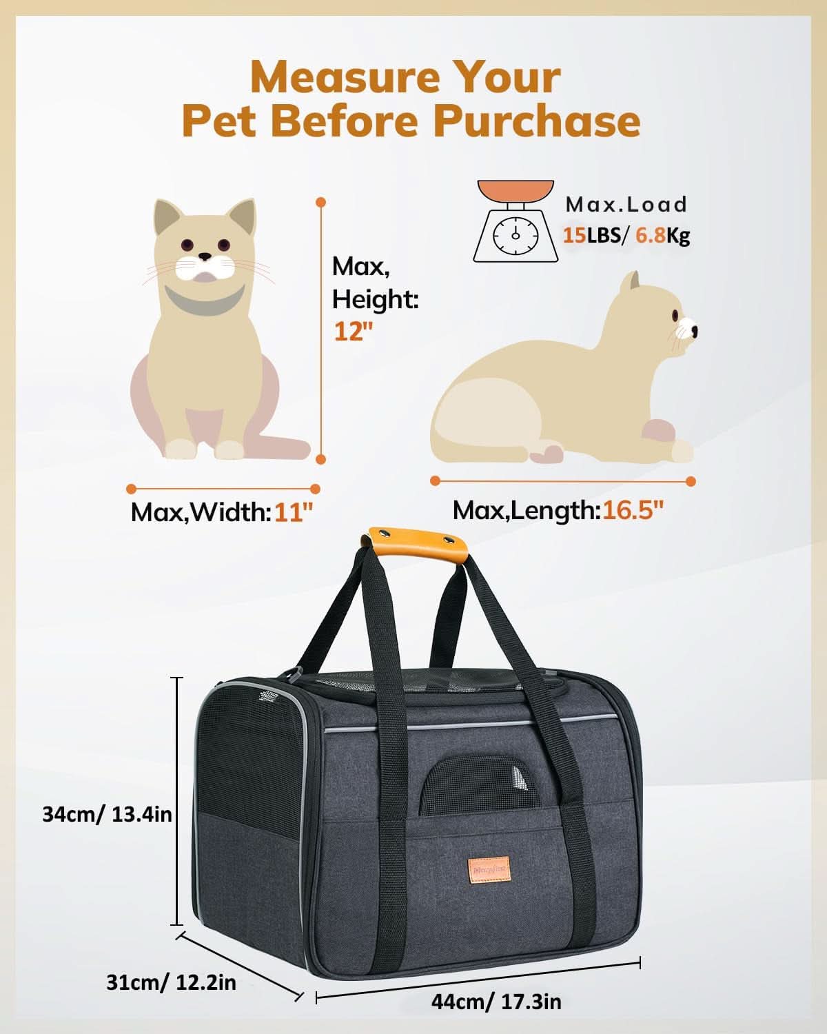Soft-Sided Cat Carrier - Large Capacity for Medium and Large Cats and Puppies up to 18 lbs, Airline-Approved Pet Carrier with Safety Zippers and Foldable Bowl - Dark Gray