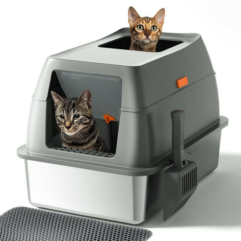 Petterm Stainless Steel Cat Litter Box with Scoop & Mat, Large Semi or Fully Enclosed Design, High-Side Enclosure, Non-Sticky, Anti-Leak, High-Walled