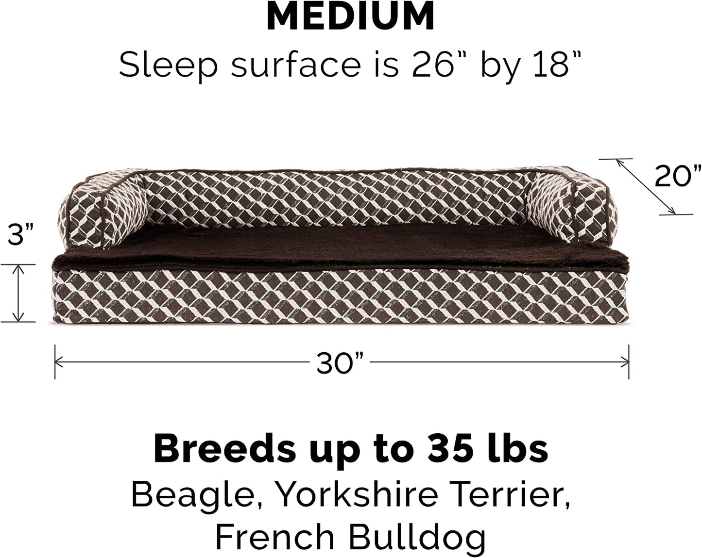 Orthopedic Dog Bed for Medium and Small Breeds with Removable Bolsters and Washable Cover, Supports Dogs up to 35 lbs - Plush and Woven Decorative Couch Sofa in Diamond Brown, Medium Size
