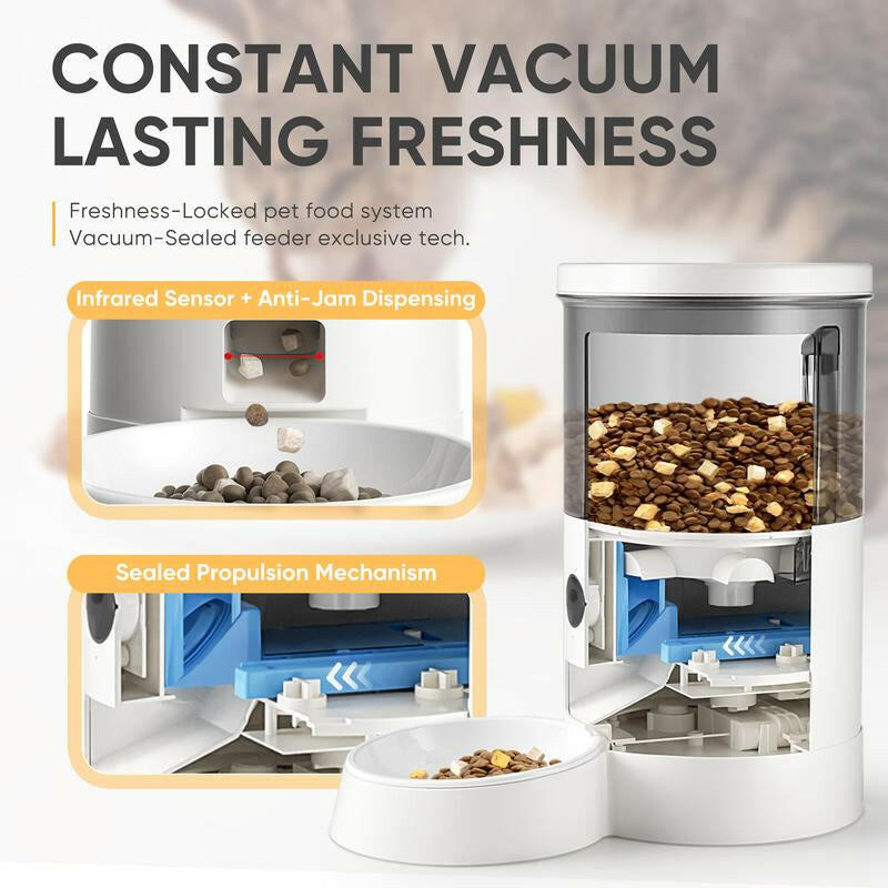 Warcat Smart Vacuum Pet Feeder with Camera, 4.5L Automatic Cat Feeder with Night Vision, 2.4G Wifi Pet Feeder with 2-Way Audio, Timed Feeding & APP Control, Dual Power Supply, Jam-Proof Dry Food Dispenser