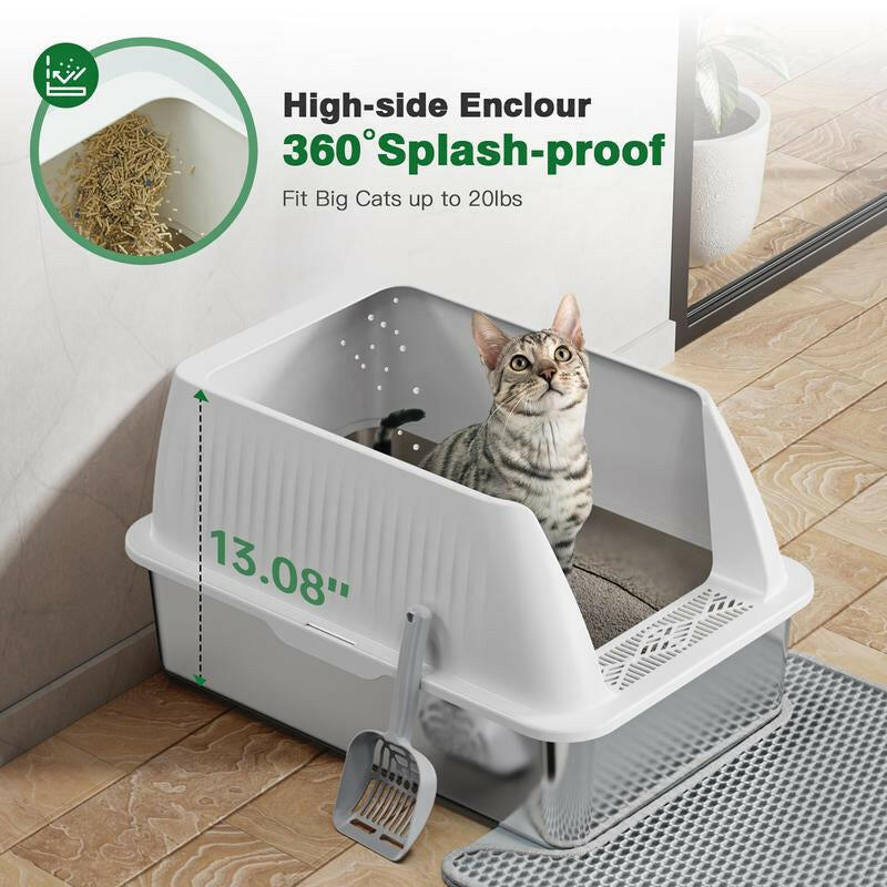 Petterm Stainless Steel Cat Litter Box with Scoop & Mat, Large Semi or Fully Enclosed Design, High-Side Enclosure, Non-Sticky, Anti-Leak, High-Walled
