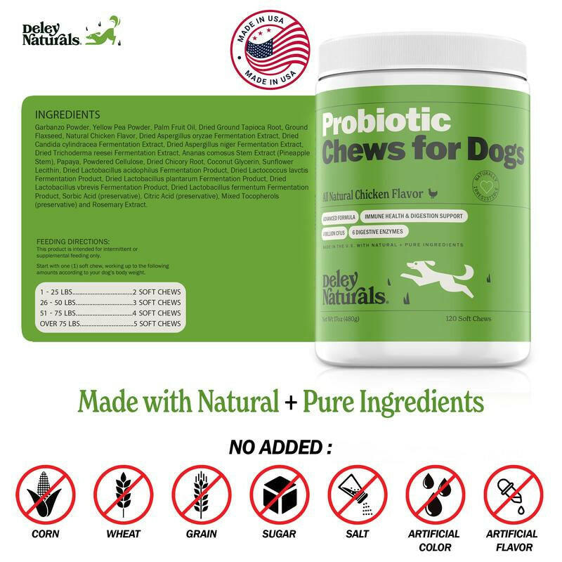 Deley Naturals Probiotic Chews for Dogs - All Natural Chicken Flavor, 120 Chews, 4 Billion Cusps, Supports Digestion & Immune Health