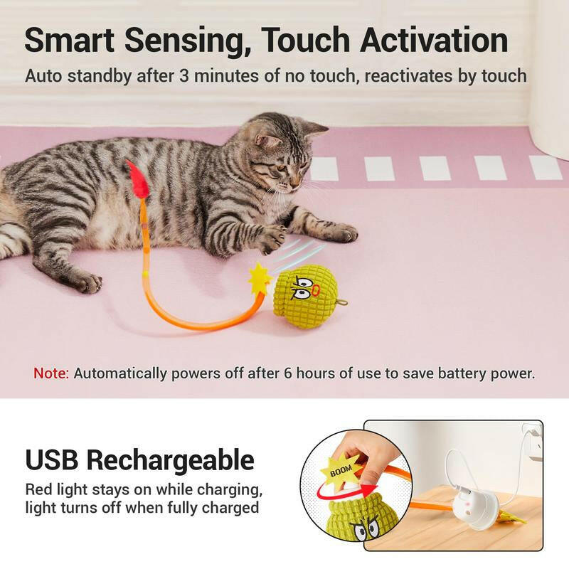 Potaroma Interactive Cat Toy with Motion Sensor, Chirping Sound – Funny Grenade Design with Mesh Tail, Rechargeable Smart Rolling Ball for Bored Indoor Kittens & Adult Cats 3 Inches
