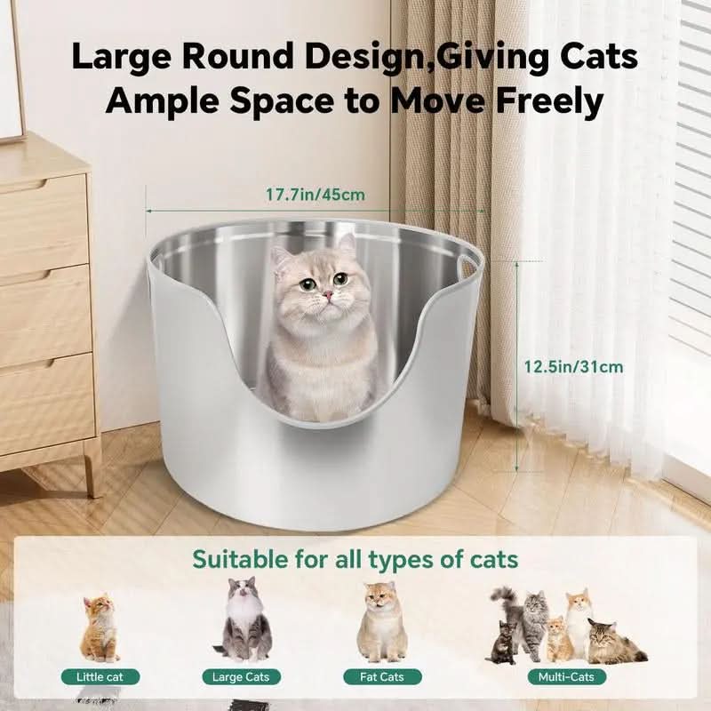 Aothey Stainless Steel Litter Box Metal with Integrated round for XL/XXL Big and Multi Cats, 12" High Wall High Side, Odor Control, Easy to Clean, Durable, Includes Stainless Steel Scoop Tray Enclosed Pet Supplies Free Litterbox