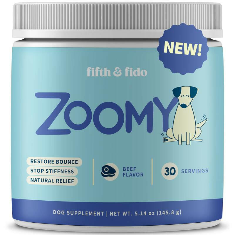 Fifth & Fido Zoomy Dog Joint Supplement for Senior Dogs - Mushroom Powered Hip Joint Support - Natural Mobility Powder - 30 Servings - Beef Flavor - 5.14 Oz
