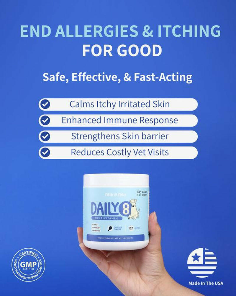 Daily 8 Multivitamin for Dogs - Probiotic for Dogs Itchy Skin - Allergy Chews for Dogs - 120 Chicken Flavor Chews with Salmon Oil & Quercetin - Dog Vitamin Supplement - Itch Relief Remedy