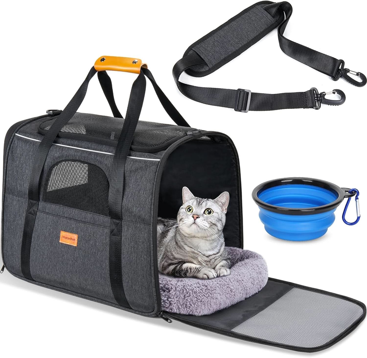 Soft-Sided Cat Carrier - Large Capacity for Medium and Large Cats and Puppies up to 18 lbs, Airline-Approved Pet Carrier with Safety Zippers and Foldable Bowl - Dark Gray