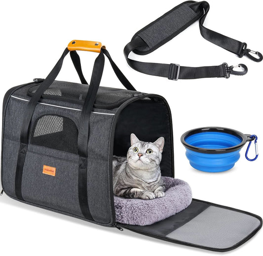 Soft-Sided Cat Carrier - Large Capacity for Medium and Large Cats and Puppies up to 18 lbs, Airline-Approved Pet Carrier with Safety Zippers and Foldable Bowl - Dark Gray