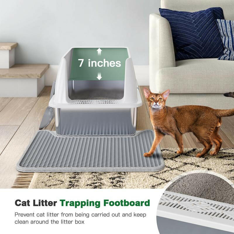 Petterm Stainless Steel Cat Litter Box with Scoop & Mat, Large Semi or Fully Enclosed Design, High-Side Enclosure, Non-Sticky, Anti-Leak, High-Walled