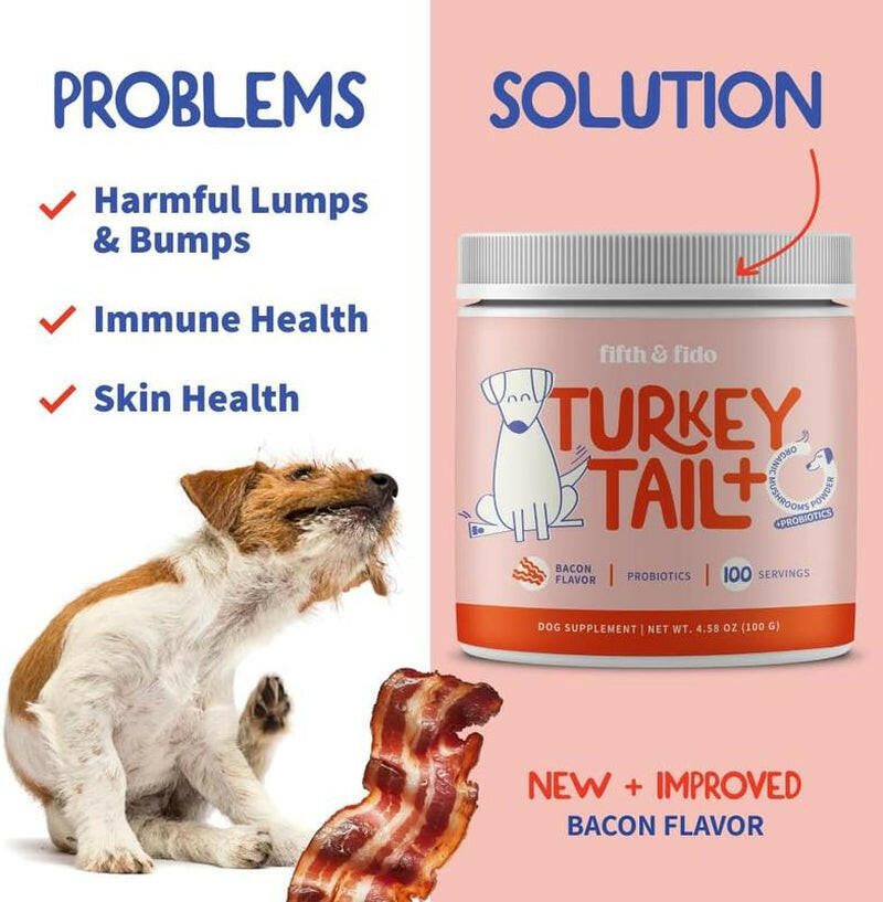 Fifth & Fido Turkey Tail+ - Dog Food Topper with Probiotics for Lipomas, Immune Support & Gut Health - 100 Servings - Bacon Flavor - Natural Allergy Relief - Supplements