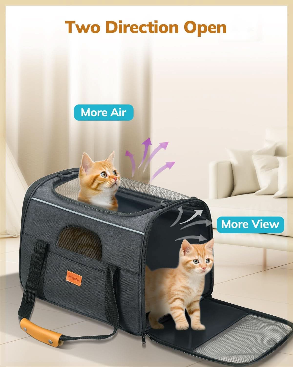 Soft-Sided Cat Carrier - Large Capacity for Medium and Large Cats and Puppies up to 18 lbs, Airline-Approved Pet Carrier with Safety Zippers and Foldable Bowl - Dark Gray