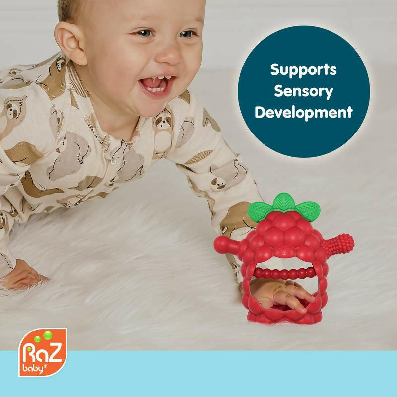 Razbaby Razberry Grip Silicone Teether Toy for 3M+ Babies & Infants - Drop Resistant, Non-Toxic, Multi-Textured Design for Front and Back Teeth