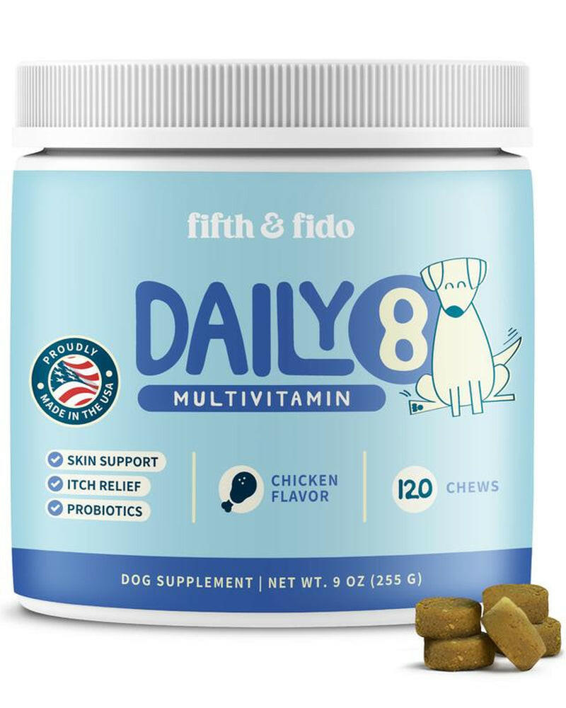Daily 8 Multivitamin for Dogs - Probiotic for Dogs Itchy Skin - Allergy Chews for Dogs - 120 Chicken Flavor Chews with Salmon Oil & Quercetin - Dog Vitamin Supplement - Itch Relief Remedy