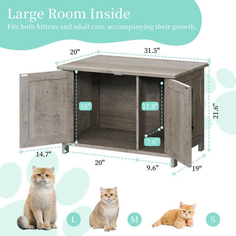 Walsunny Cat Litter Box Furniture with Removable Divider Hidden Enclosure and End Table White Brown Gray Wood Adjustable System for Personalized Configurations Double Door Design