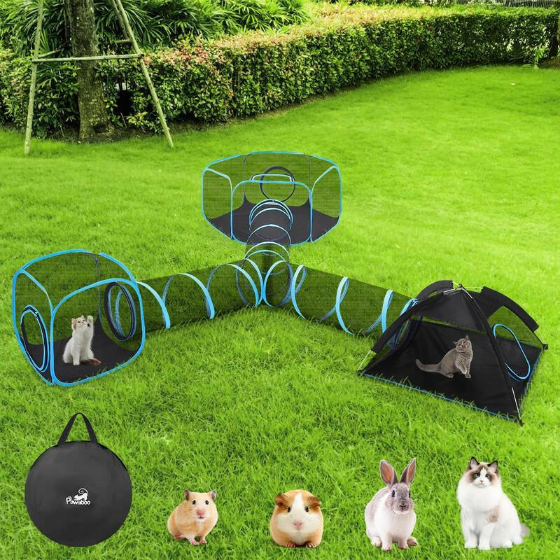 Outdoor Cat Enclosures for Indoor, Patio Portable Mesh Tent, Tunnel, Playhouse with Free Carry Bag & Metal Rod for Multiple Cats and Small Animals, Includes Playpen+2 Tents+Tunnel