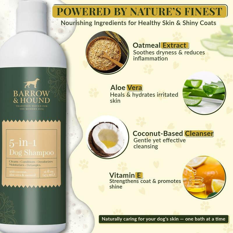5-in-1 Dog Shampoo for Sensitive Skin – Cleansing, Conditioning, Deodorizing, Moisturizing, and Detangling with Coconut, Oatmeal, and Aloe – 16 Fl Oz