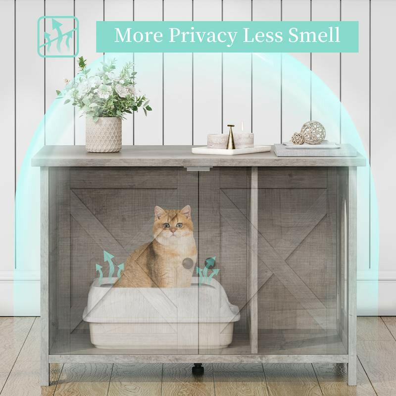 Walsunny Cat Litter Box Furniture with Removable Divider Hidden Enclosure and End Table White Brown Gray Wood Adjustable System for Personalized Configurations Double Door Design