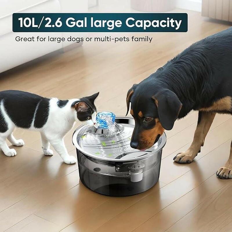 2.6 Gallon Dog Water Fountain, 10L Dog Clean Water Bowl Dispenser with Stainless Steel Filtered Drinking Water Fountain for Dogs & Cats & Multiple Pets