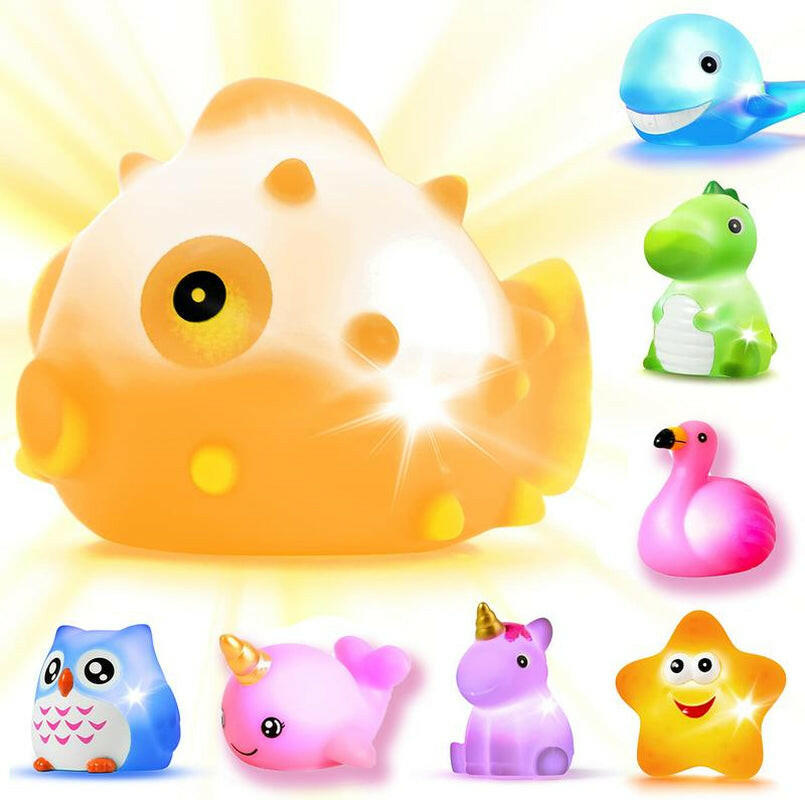 Bath Toys,Luminous Floating Rubber Animal Toy Set, Flashing Color Changing Lights in Water Bath Games Pool Party Water Toys