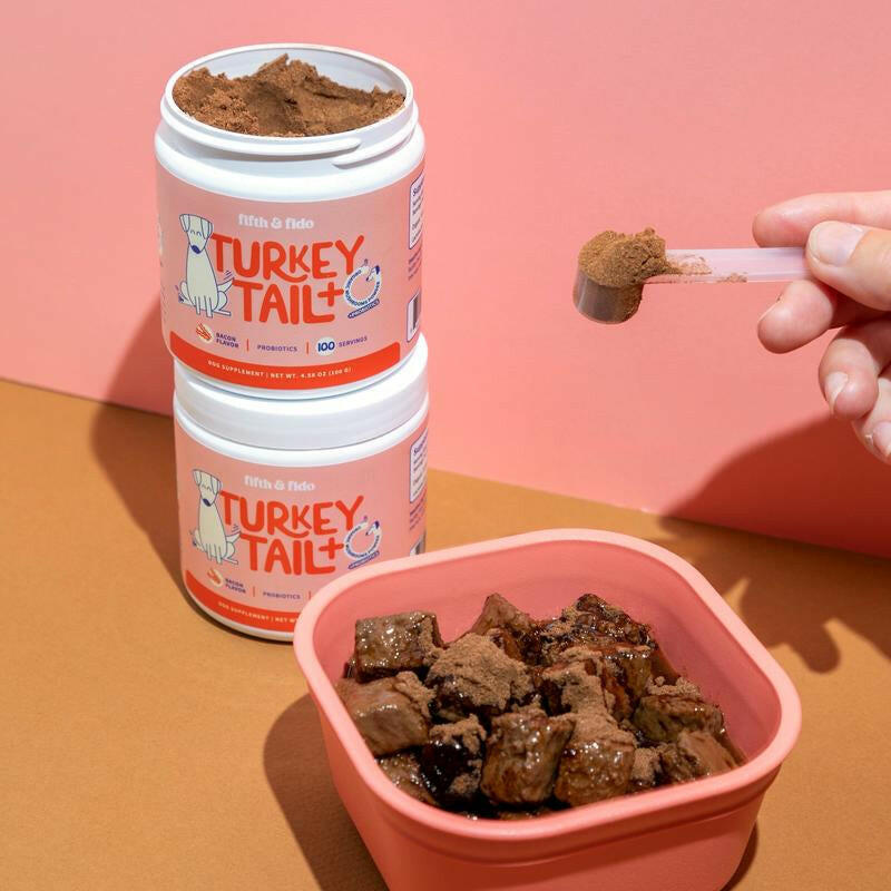 Fifth & Fido Turkey Tail+ - Dog Food Topper with Probiotics for Lipomas, Immune Support & Gut Health - 100 Servings - Bacon Flavor - Natural Allergy Relief - Supplements