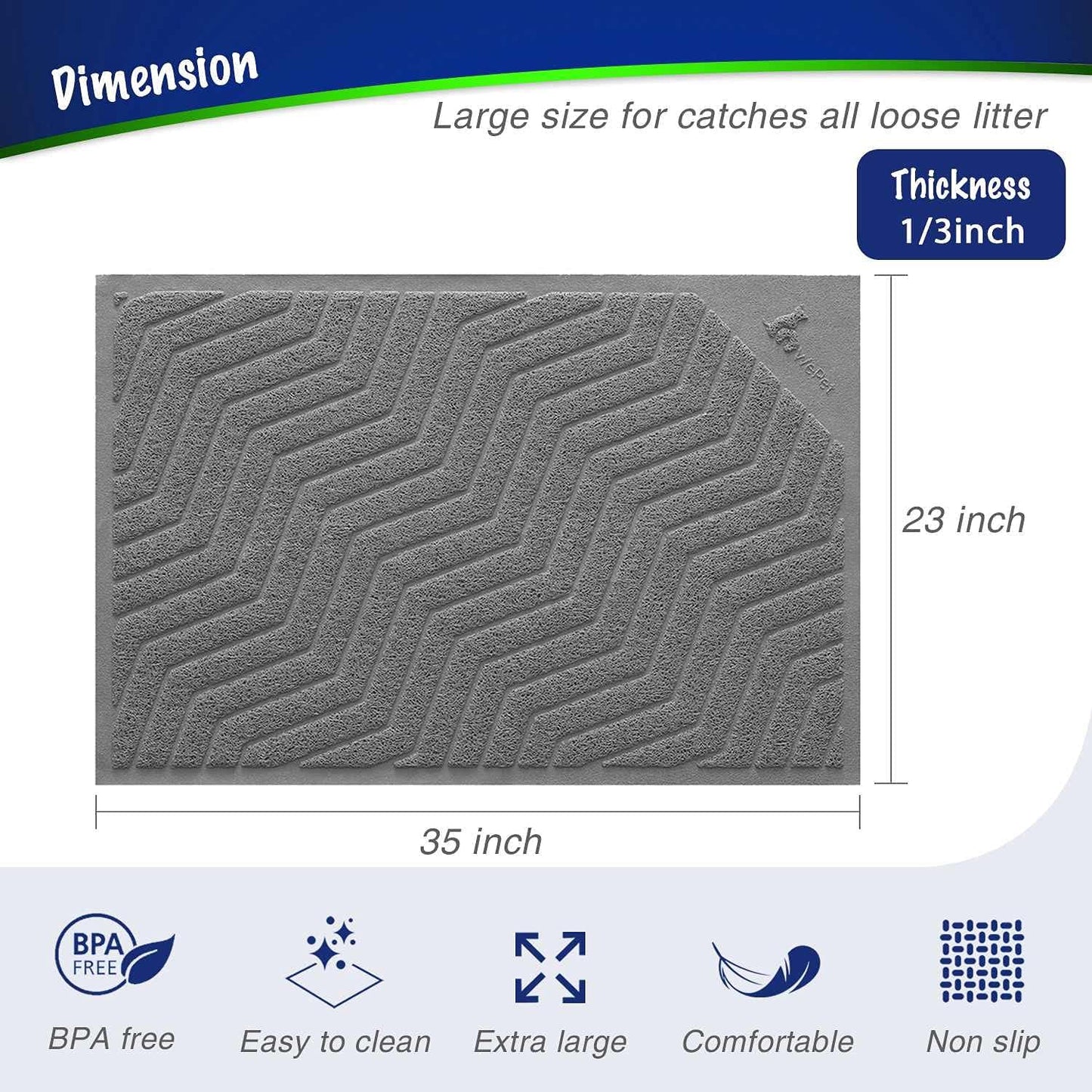 Premium Cat Litter Box Mat No. 02-2, Durable PVC Trapping Rug, Phthalate-Free, Urine-Resistant, Scatter Control, 35 x 23 inches, Grey