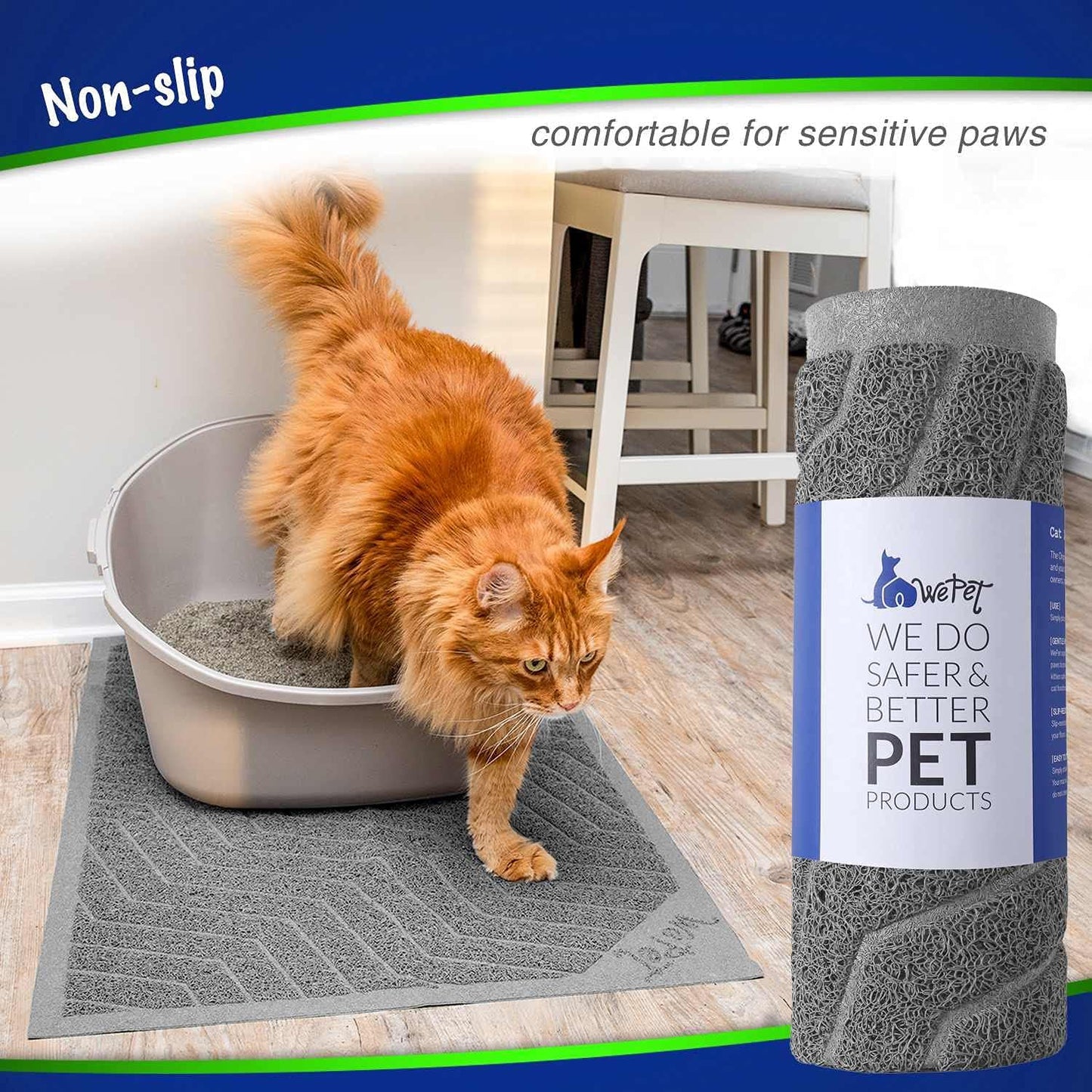 Premium Cat Litter Box Mat No. 02-2, Durable PVC Trapping Rug, Phthalate-Free, Urine-Resistant, Scatter Control, 35 x 23 inches, Grey