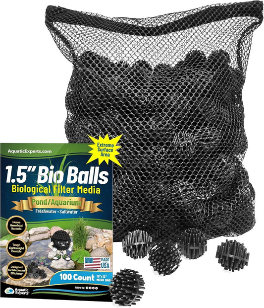Bio Balls Filter Media - 1.5 Inch Large Bio Balls for Pond and Aquarium Filters, 100 Count with 10" X 12" Mesh Bag