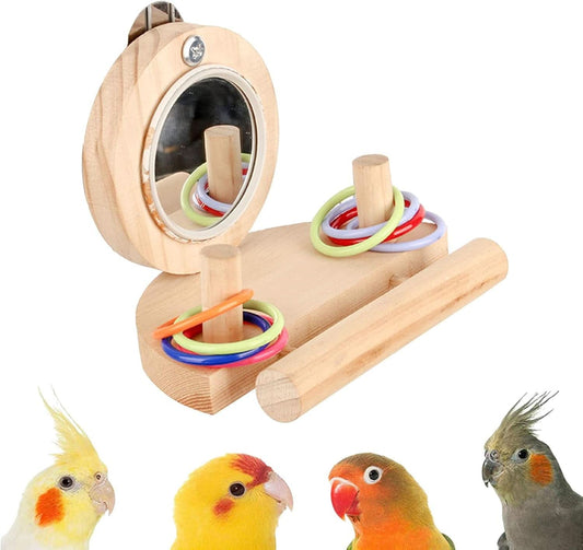 Parrot Mirror Toy Set with Wooden Platform Stand and Colorful Stacking Rings - Ideal Intelligence Toys for Cockatiels and Parrots