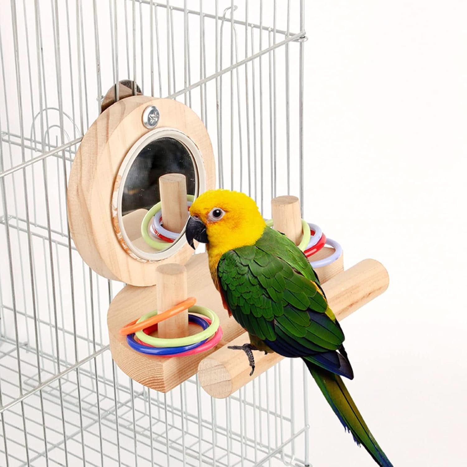 Parrot Mirror Toy Set with Wooden Platform Stand and Colorful Stacking Rings - Ideal Intelligence Toys for Cockatiels and Parrots