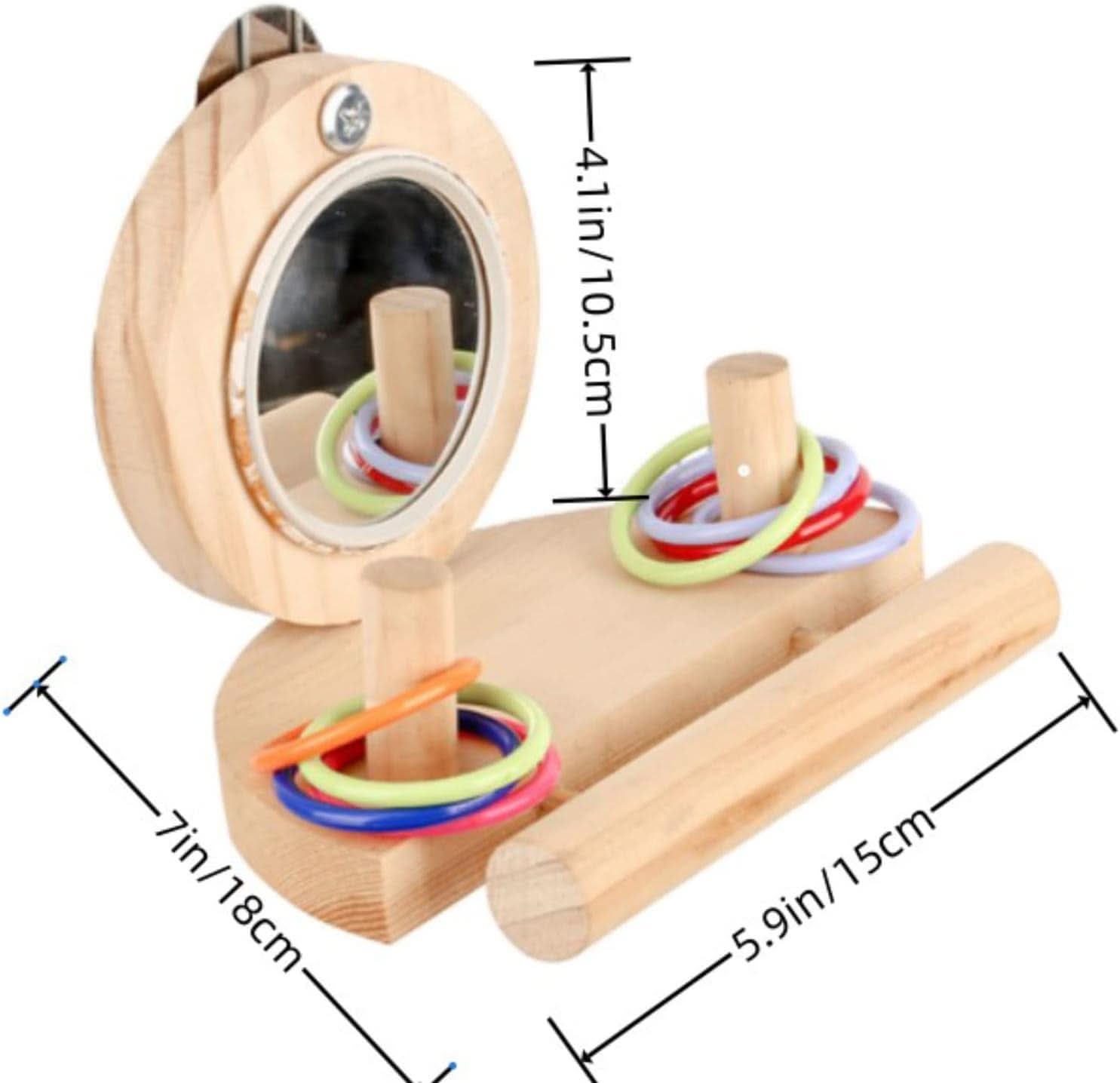 Parrot Mirror Toy Set with Wooden Platform Stand and Colorful Stacking Rings - Ideal Intelligence Toys for Cockatiels and Parrots
