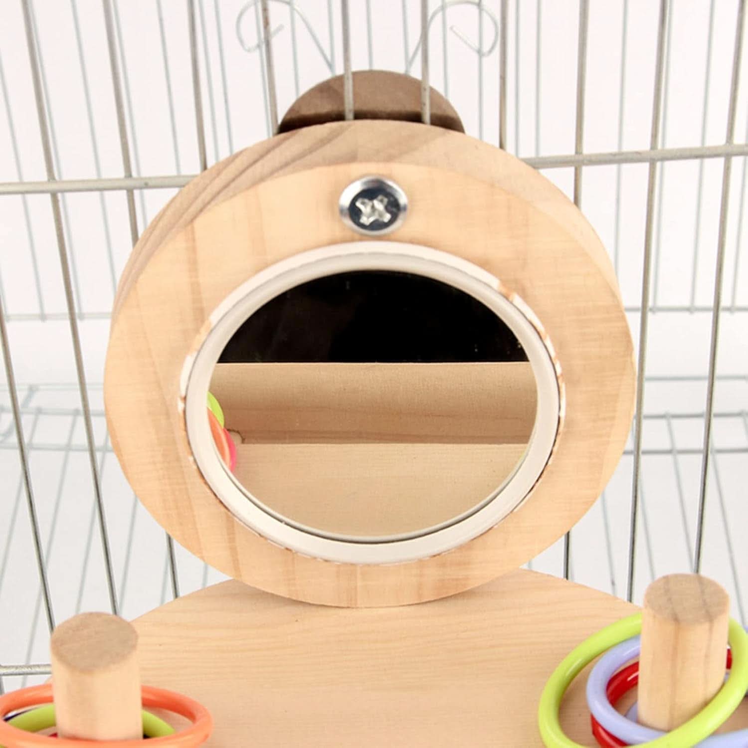 Parrot Mirror Toy Set with Wooden Platform Stand and Colorful Stacking Rings - Ideal Intelligence Toys for Cockatiels and Parrots