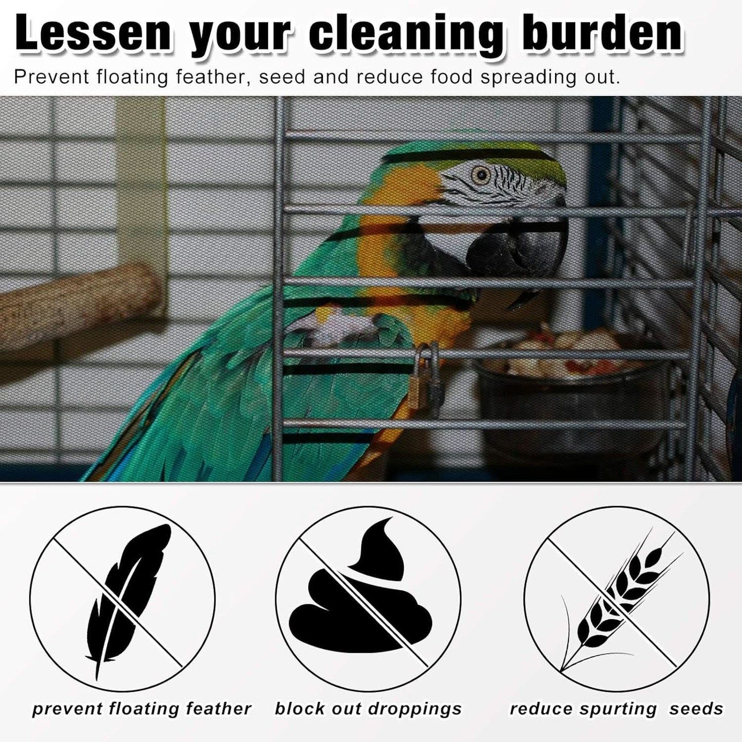 Large Adjustable Bird Cage Cover with Seed and Feather Catcher - Nylon Mesh Net Soft Skirt Guard for Parakeets, Macaws, and African Round/Square Cages (118 x 15 Inches)