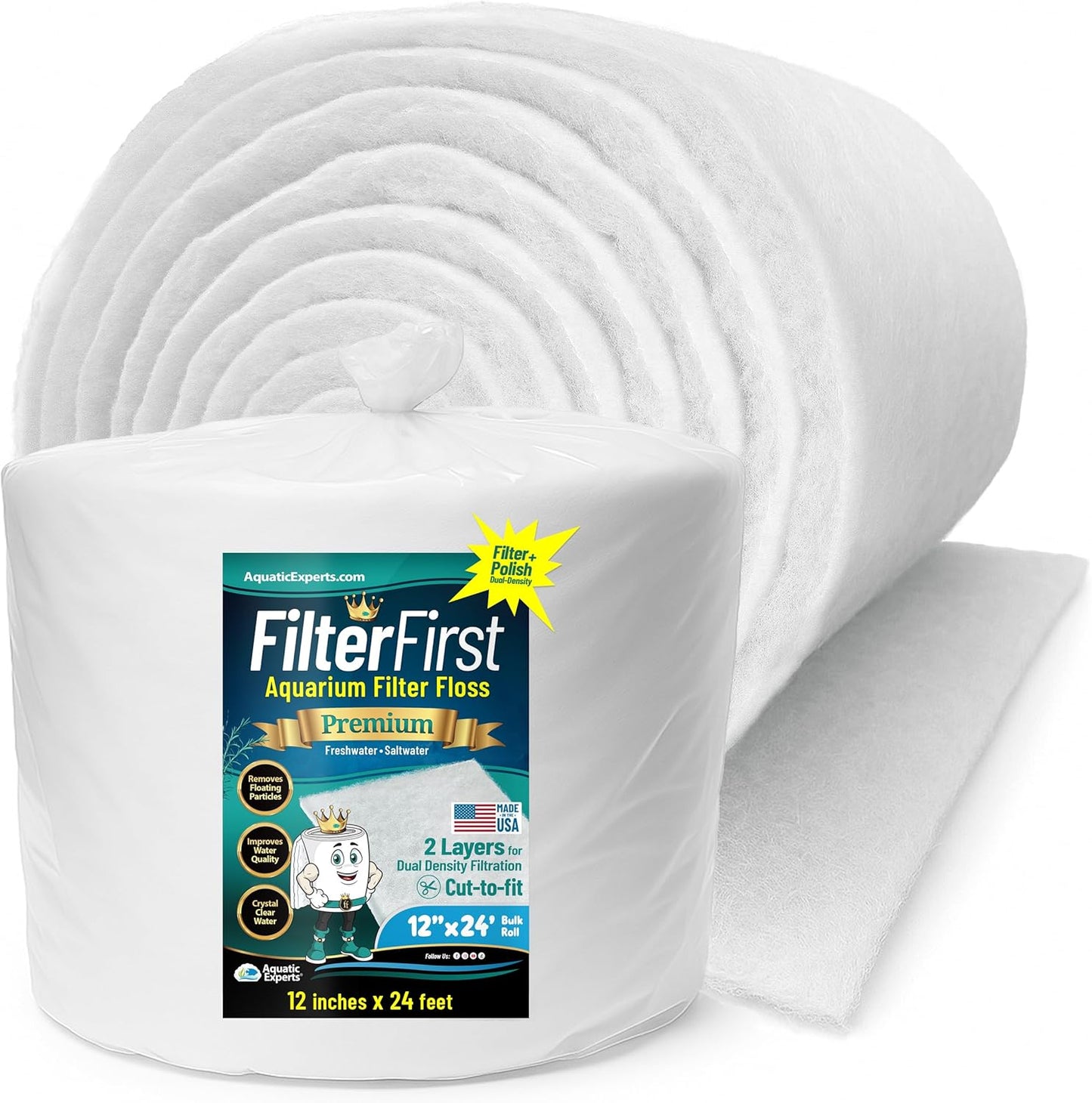 Premium Aquarium Filter Floss - Filterfirst Media Roll for Crystal Clear Water, 3/4" - 1" Thickness (12" Wide, 24' Long)
