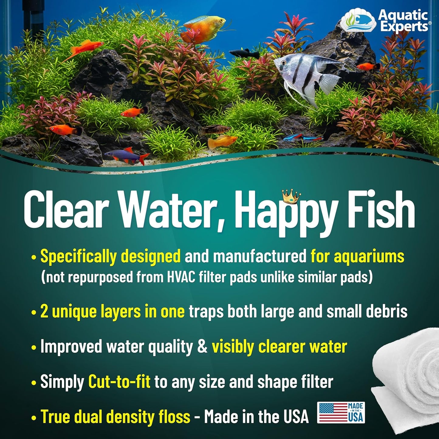 Premium Aquarium Filter Floss - Filterfirst Media Roll for Crystal Clear Water, 3/4" - 1" Thickness (12" Wide, 24' Long)