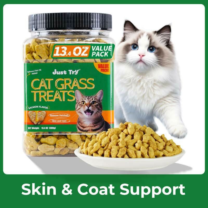 Just Try Salmon Oil Treats with Cat Grass| Natural Salmon Flavor | Kitten & Cat Healthy Training Biscuits | Fish Oil Omega-3 Supplements