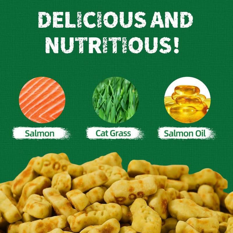 Just Try Salmon Oil Treats with Cat Grass| Natural Salmon Flavor | Kitten & Cat Healthy Training Biscuits | Fish Oil Omega-3 Supplements