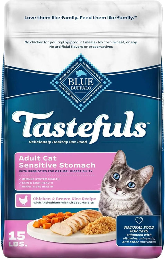 Tastefuls Natural Dry Cat Food for Adults with Sensitive Stomachs, Chicken & Brown Rice Recipe, 15 lb Bag