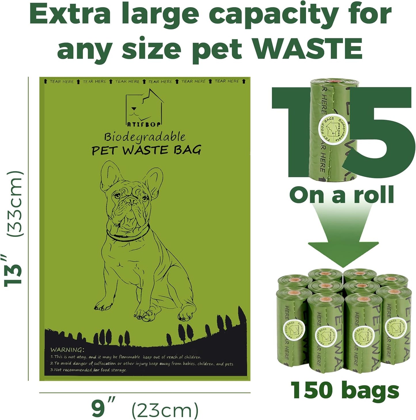 Biodegradable Dog Waste Bags - 150 Count, 10 Rolls with Dispenser, Thick and Leak-Proof Holders for Leashes (Scented)