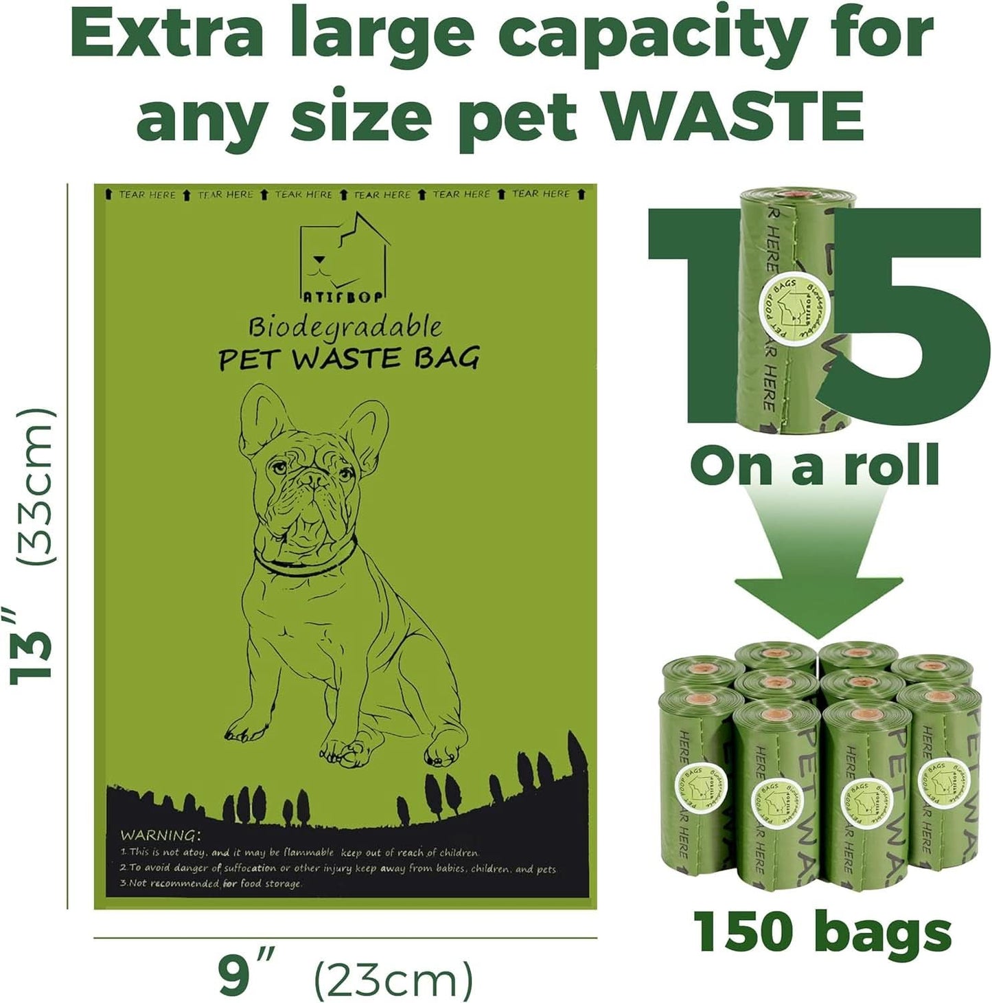 Biodegradable Dog Waste Bags - 150 Count, 10 Rolls with Dispenser, Thick and Leak-Proof Holders for Leashes (Scented)
