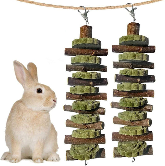 2-Pack Organic Bunny Chew Toys for Dental Health - Bamboo Sticks and Natural Fruitwood Branches for Rabbits, Guinea Pigs, and Hamsters (Includes Fruitwood Sticks and Alfalfa Cakes)