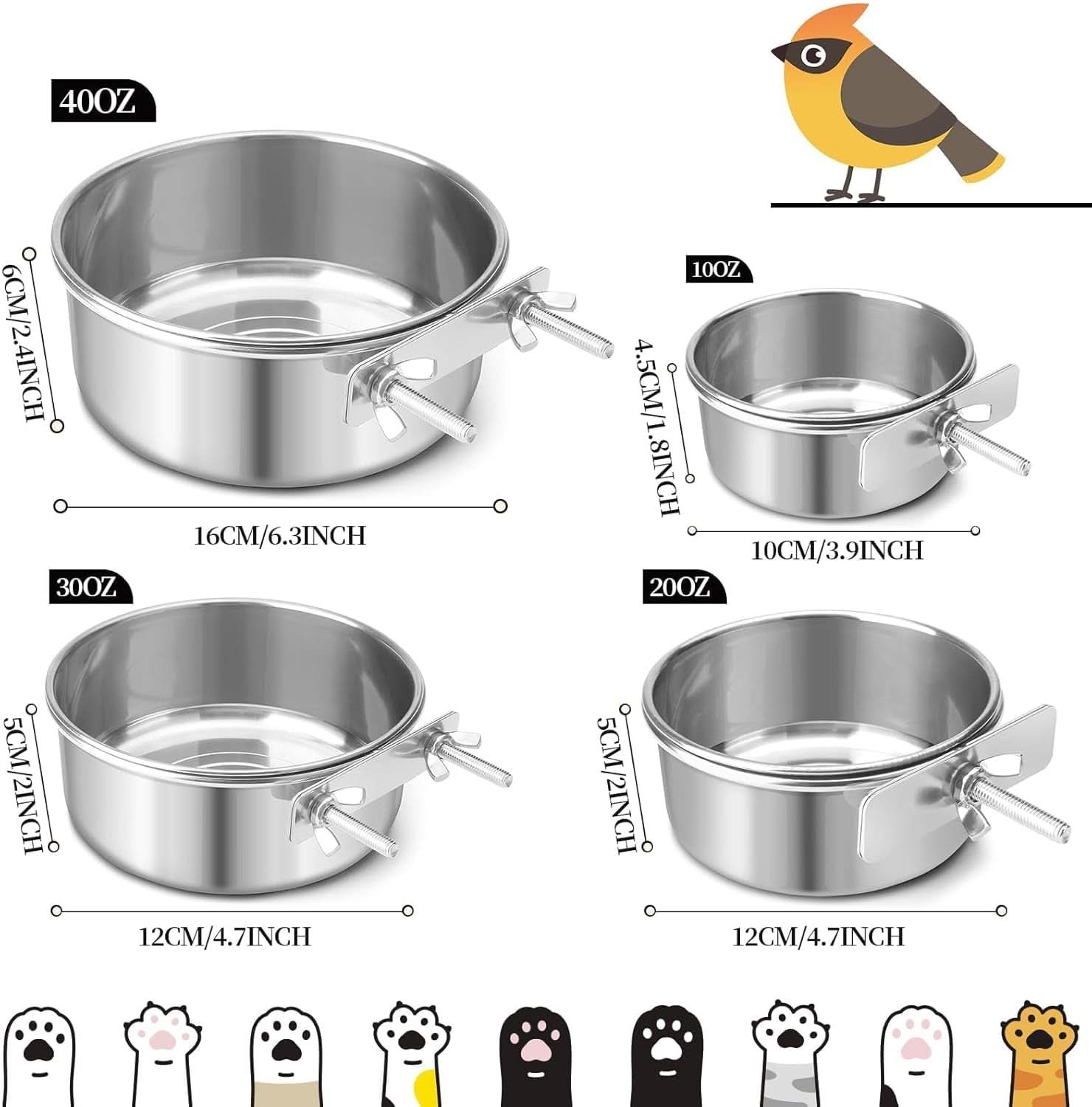 Stainless Steel Bird Cage Feeder Set - 2 Pcs 10oz Food and Water Bowls with Clamp for Parrots, Cockatiels, and Small Animals