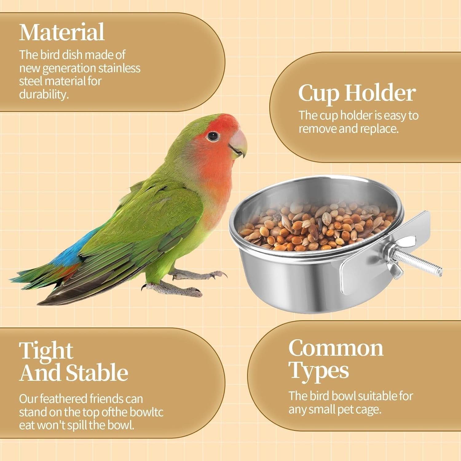 Stainless Steel Bird Cage Feeder Set - 2 Pcs 10oz Food and Water Bowls with Clamp for Parrots, Cockatiels, and Small Animals