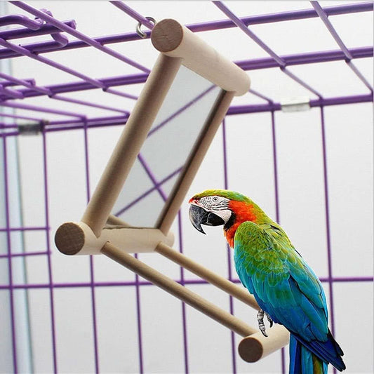 Interactive Wooden Bird Mirror with Swing and Perch for Parakeets, Cockatiels, Lovebirds, and Finches - 3.7 x 3.5 x 3.5 Inch, Single Pack