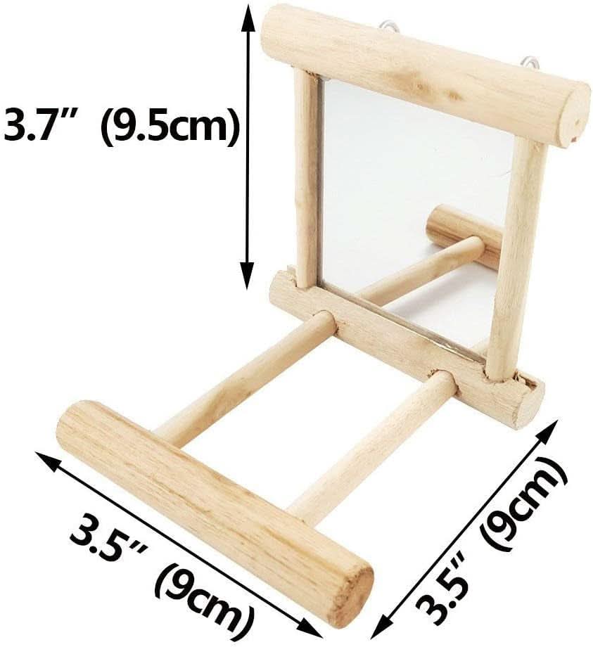 Interactive Wooden Bird Mirror with Swing and Perch for Parakeets, Cockatiels, Lovebirds, and Finches - 3.7 x 3.5 x 3.5 Inch, Single Pack
