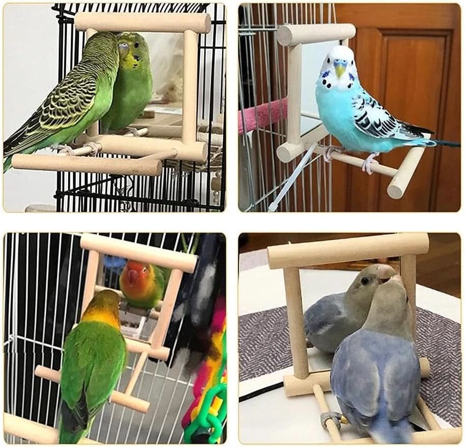 Interactive Wooden Bird Mirror with Swing and Perch for Parakeets, Cockatiels, Lovebirds, and Finches - 3.7 x 3.5 x 3.5 Inch, Single Pack