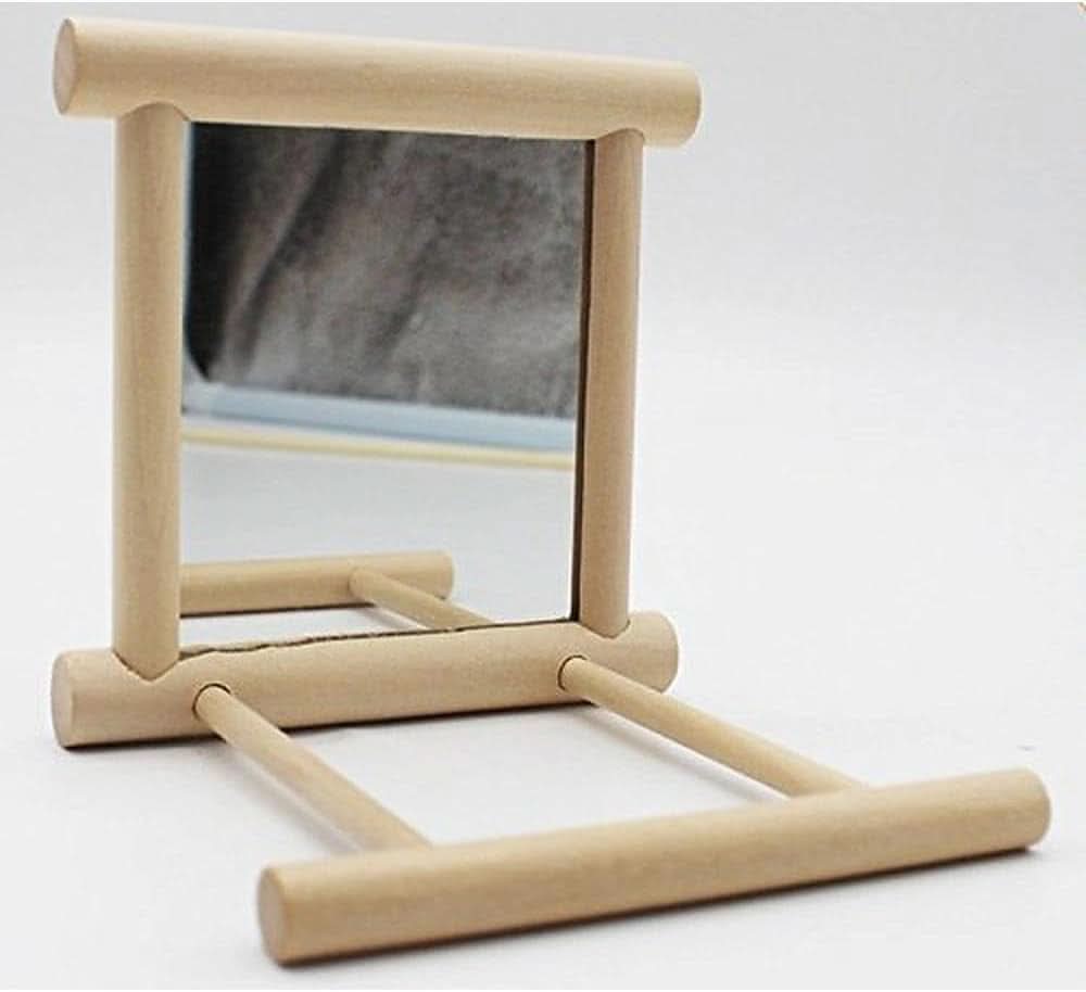 Interactive Wooden Bird Mirror with Swing and Perch for Parakeets, Cockatiels, Lovebirds, and Finches - 3.7 x 3.5 x 3.5 Inch, Single Pack