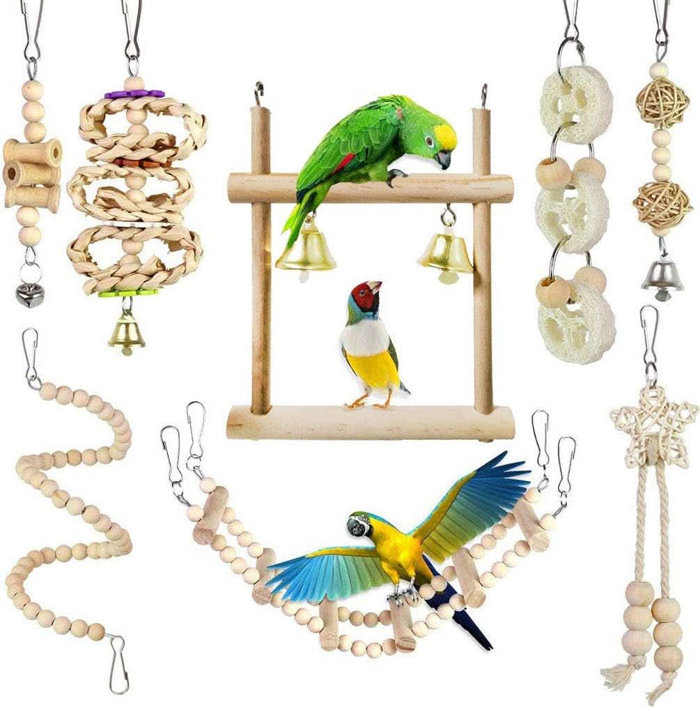 8-Pack Parrot Swing and Chewing Toys with Hanging Bells for Small Birds including Parakeets, Conures, Lovebirds, Cockatiels, Macaws, and Finches