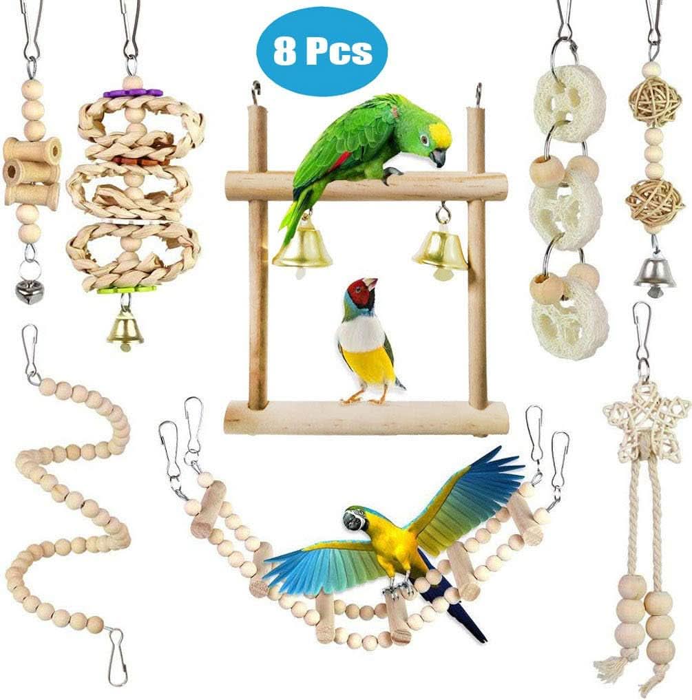 8-Pack Parrot Swing and Chewing Toys with Hanging Bells for Small Birds including Parakeets, Conures, Lovebirds, Cockatiels, Macaws, and Finches